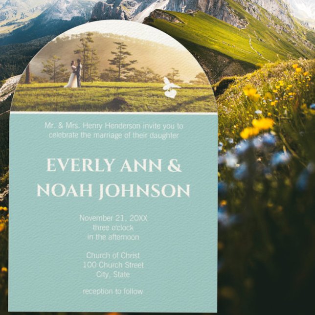 Arch Silver Blue Flowers and Bees Wedding Invitation (Creator Uploaded)