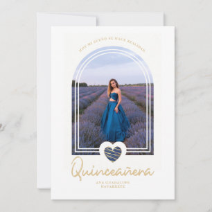 Arch Spanish Navy Blue Heart Photo Quinceañera Invitation