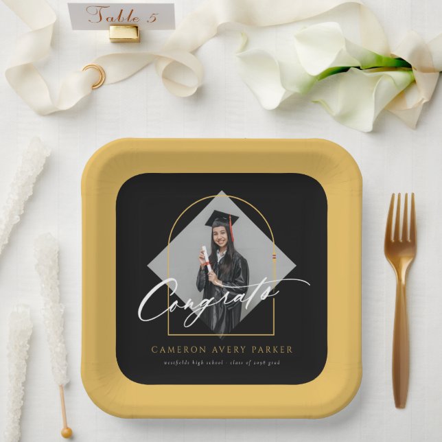 Arch Tassels Minimalist Frame Photo Graduation Paper Plate (Wedding)