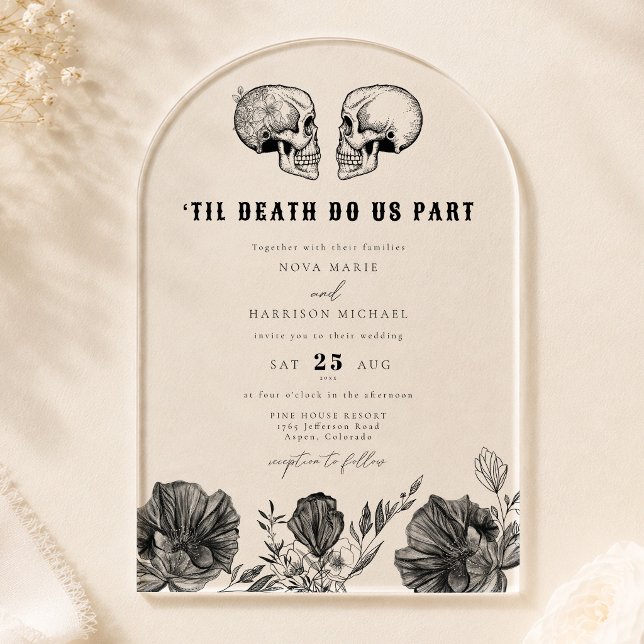 Arch Til Death Gothic Skull Wedding Details and Acrylic Invitations (Arch clear acrylic gothic floral skull til death do us part halloween wedding invitation )