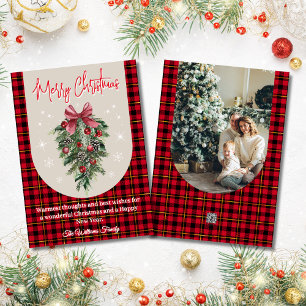 arch vintage pine tree red buffalo plaid photo  holiday card