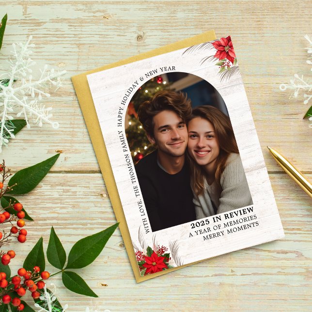 Arch What a Year in Review Multi Photos Christmas Card (arch christmas elegant classic typography modern minimalist family botanical foliage holly berries)