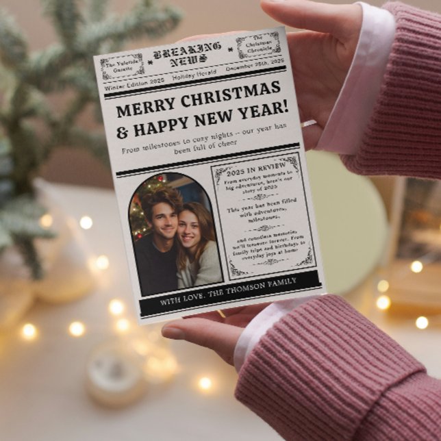 Arch What a Year in Review Newspaper Christmas  Holiday Card (newspaper year in review what a year photo collage modern family vintage classic black and white)