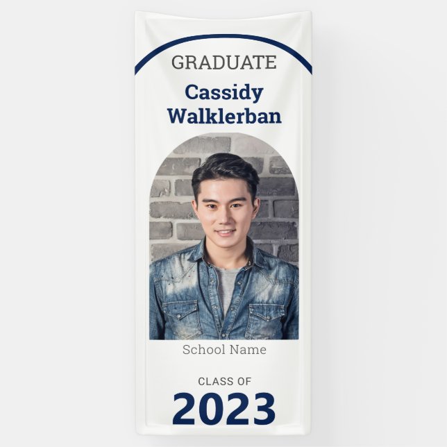 Arch White Blue Photo Graduation Banner (Vertical)