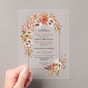 Arch with autumn flowers and leaves fall wedding acrylic invitations