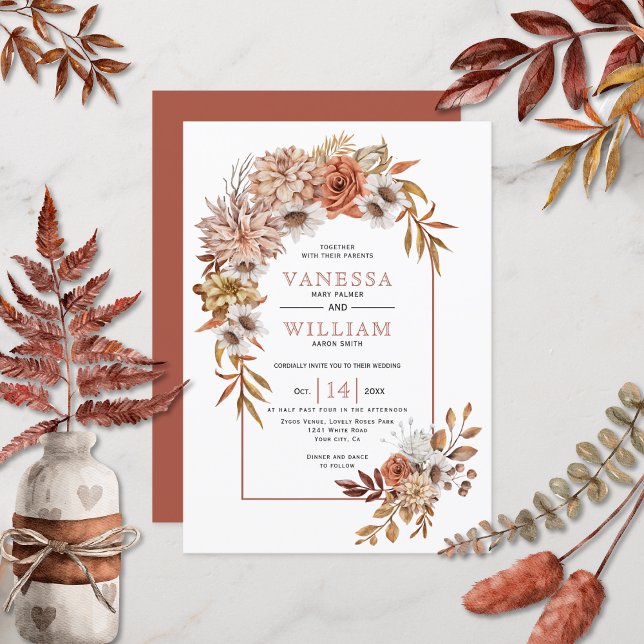 Arch with autumn flowers and leaves fall wedding invitation (Creator Uploaded)