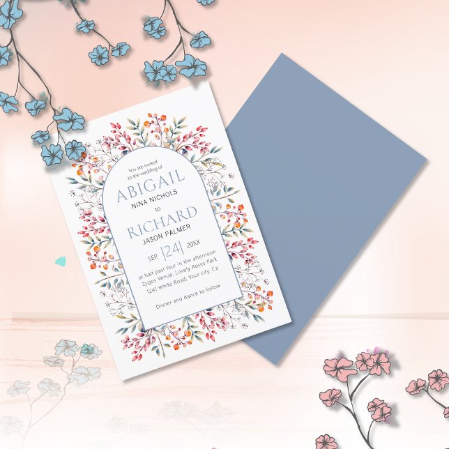 Arch with leaves and berries dusty blue wedding invitation (Creator Uploaded)