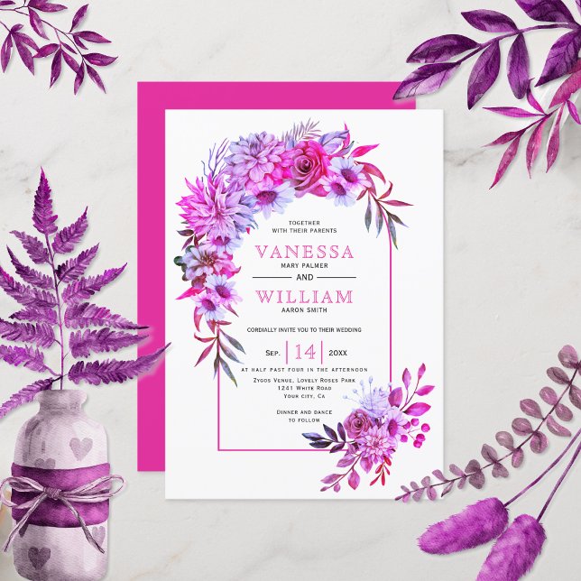Arch with magenta pink flowers floral wedding invitation (Creator Uploaded)
