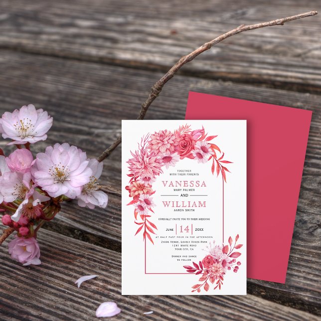 Arch with pink red flowers and leaves wedding invitation (Creator Uploaded)