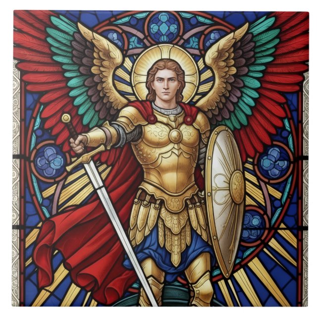 Archangel Michael - Colorful Stained Glass Angel Tile (Front)