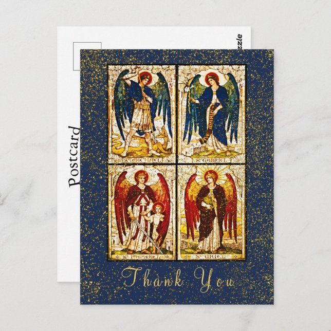 Archangel Michael Gold Glitter Navy Blue Thank You Postcard (Front/Back)
