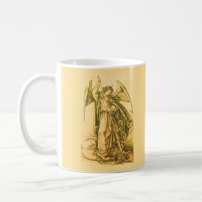 Archangel Michael Slaying Devil Vintage Gold Coffee Mug (Left)