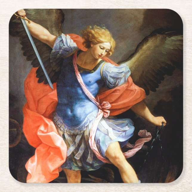 Archangel Michael tramples Satan, Guido Reni Square Paper Coaster (Front)