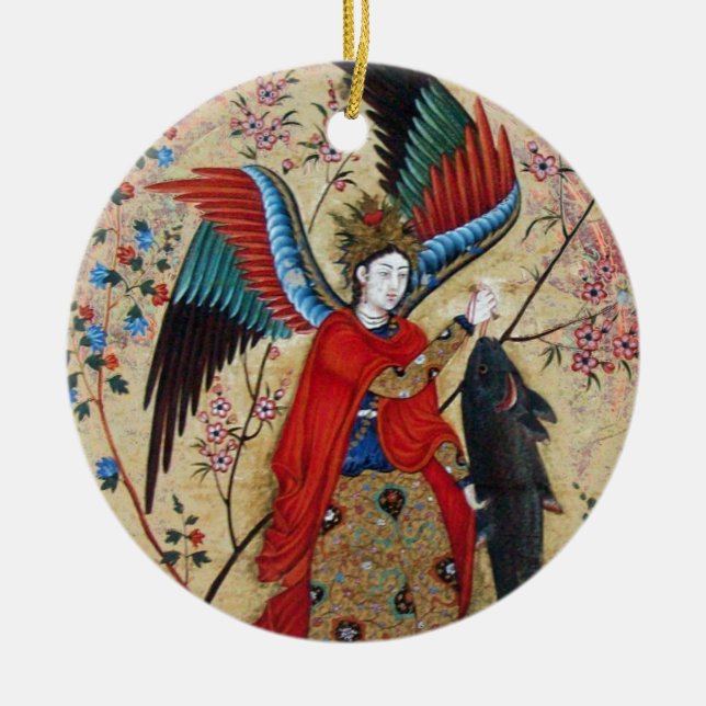 ARCHANGEL RAPHAEL AND FISH PARCHMENT CERAMIC TREE DECORATION (Front)