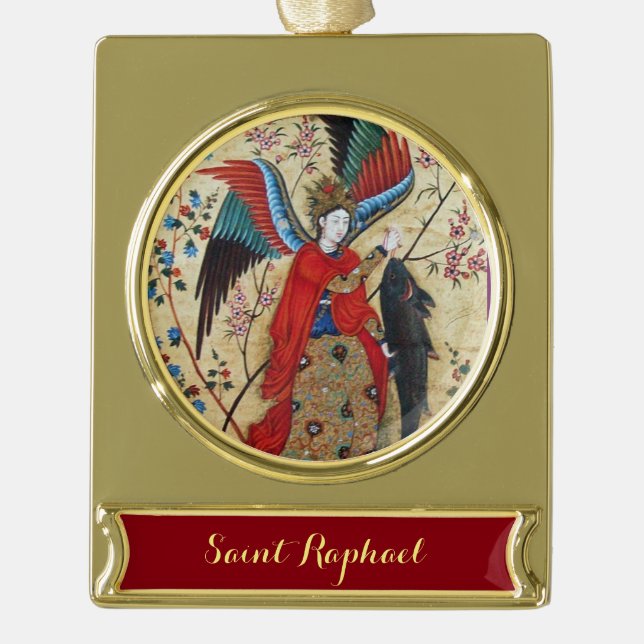 ARCHANGEL RAPHAEL AND FISH PARCHMENT GOLD PLATED BANNER ORNAMENT (Front)