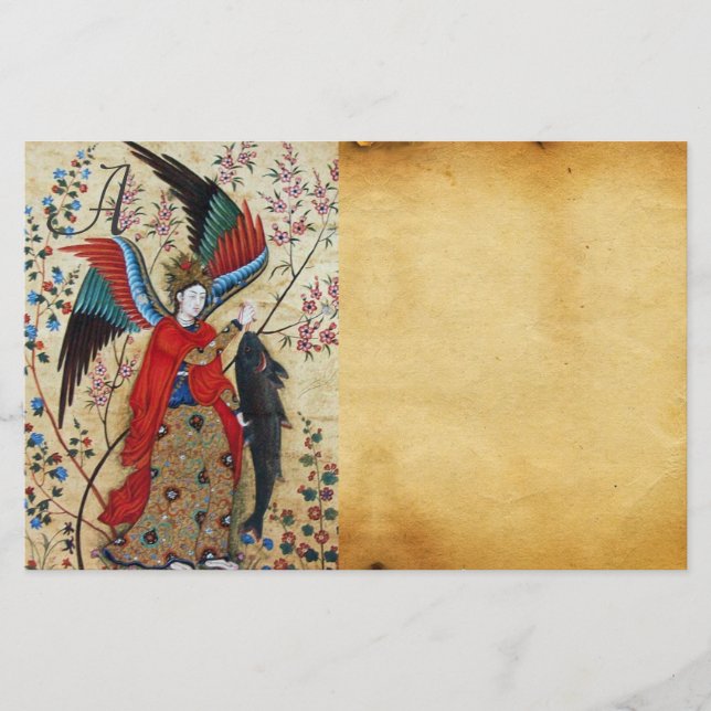 ARCHANGEL RAPHAEL AND FISH PARCHMENT MONOGRAM STATIONERY (Front)