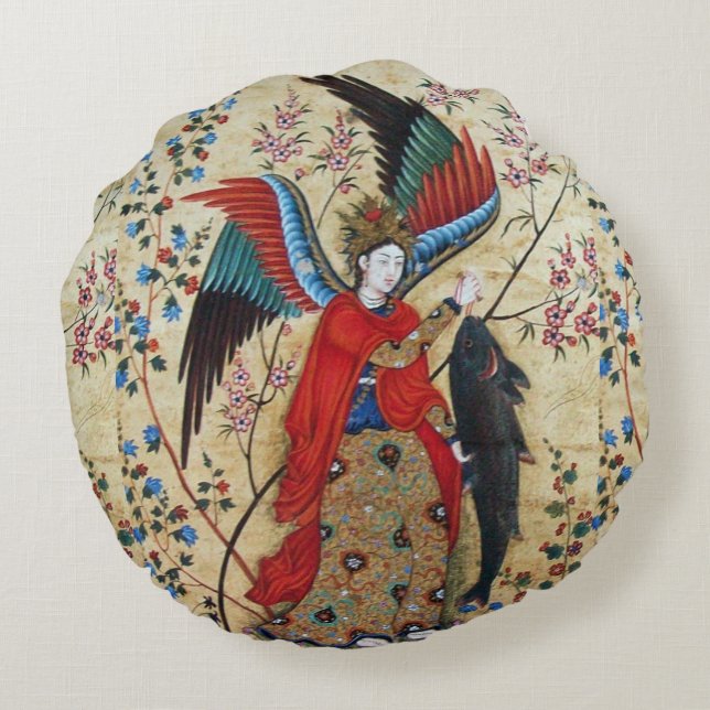 ARCHANGEL RAPHAEL AND FISH PARCHMENT ROUND CUSHION (Back)