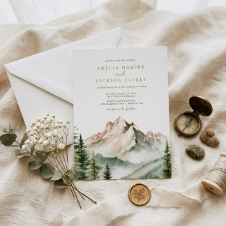 Arched Boho Watercolor Mountain Wedding Invitation