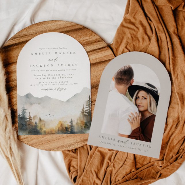 Arched Boho Watercolor Mountain Wedding Invitation (Creator Uploaded)