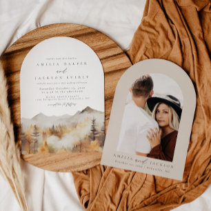 Arched Boho Watercolor Mountain Wedding Invitation