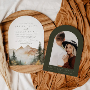 Arched Boho Watercolor Mountain Wedding Invitation