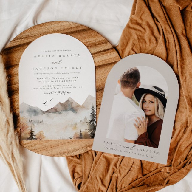 Arched Boho Watercolor Mountain Wedding Invitation (Creator Uploaded)