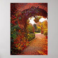 ARCHED BRICK ENTRYWAY, FALL FOLIAGE, GARDEN BEYOND