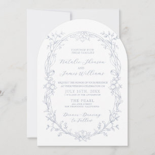 Arched Dusty Blue Boho Floral Old Money Wedding Invitation