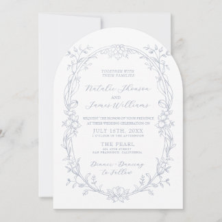 Arched Dusty Blue Boho Floral Old Money Wedding Invitation