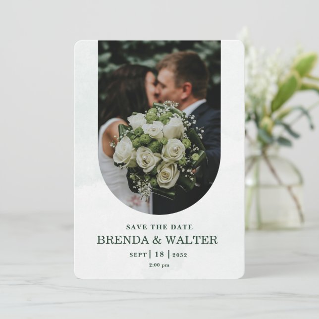 Arched Greenery White Rose Photo Wedding  Invitation (Standing Front)