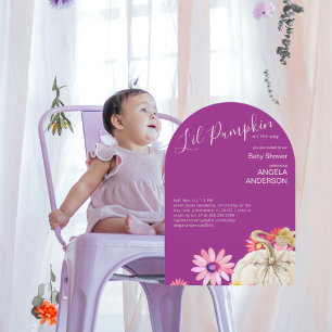 Arched Li'l Pumpkin on the Way Purple Baby Shower Invitation