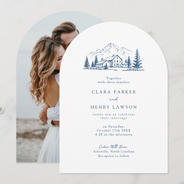 Arched Navy Winter Mountain Wedding Invitation (Front/Back)