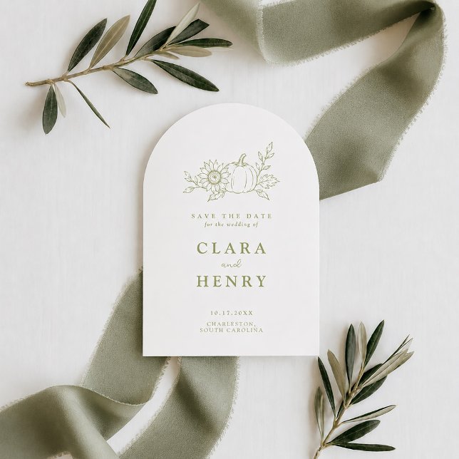 Arched Olive Green Pumpkin Save the Date Invitation (Creator Uploaded)