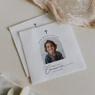 Arched Photo First Communion Boy Napkin