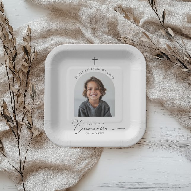 Arched Photo First Communion Boy Paper Plate (Zazzle Arched Photo First Communion Boy Paper Plates)