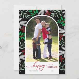 Arched Photo Greenery Black Happy Holidays Card