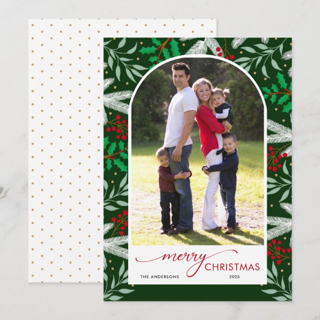 Arched Photo Greenery Merry Christmas Holiday Card (Front/Back)