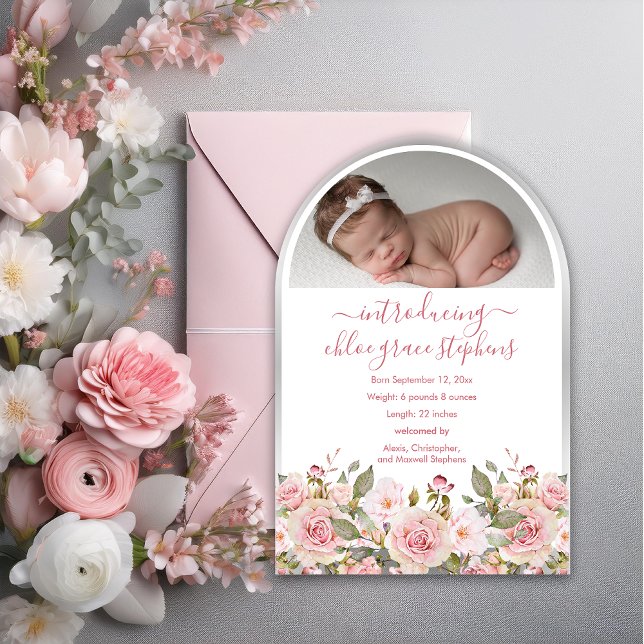 Arched Photo Pink Floral Girl Birth Announcement (Elegant Unique Arched Photo Pink Rose Floral Girl Birth Announcement)