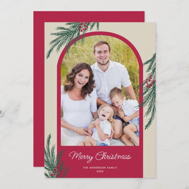 Arched Photo Winter Greenery Merry Christmas Holiday Card (Front/Back)