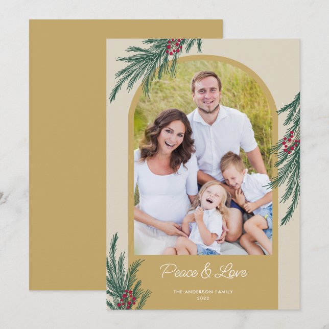 Arched Photo Winter Greenery Peace & Love Holiday Card (Front/Back)