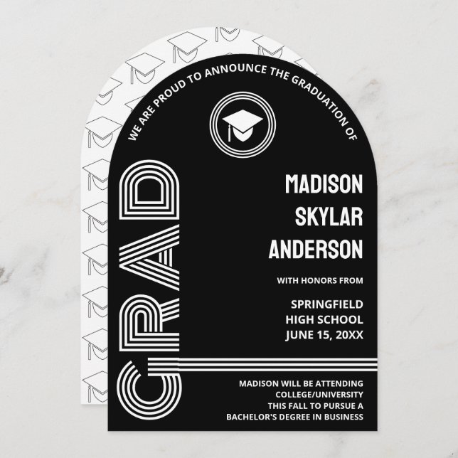 Arched Retro Black And White Custom Graduation Invitation (Front/Back)