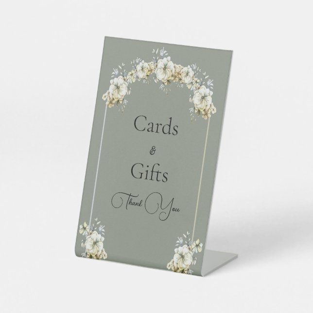 Arched Sage Green Floral Wedding Pedestal Sign (Front)