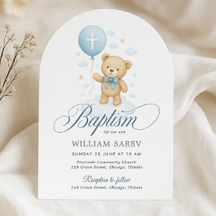 Arched Teddy Bear Boy Baptism Invitation