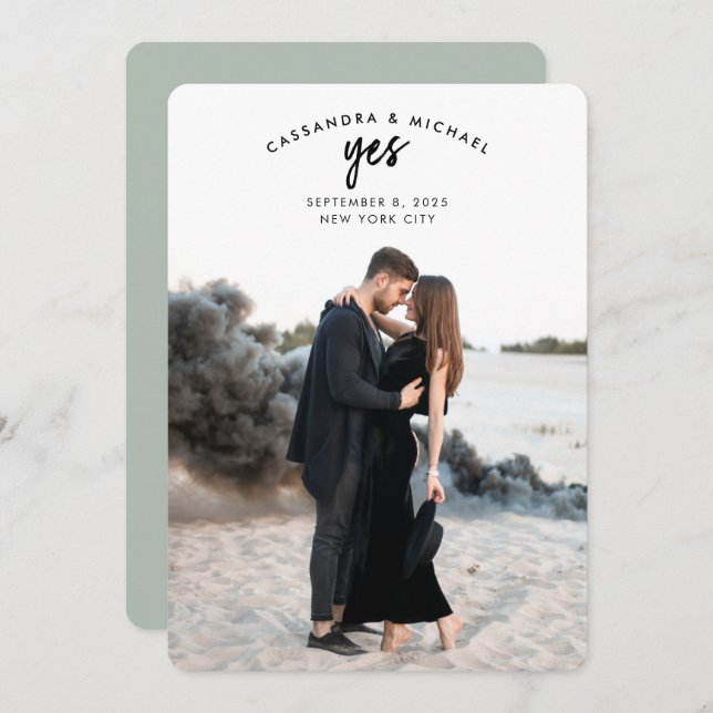 Arched Text Photo Sage Green Wedding Save the Date Invitation (Front/Back)