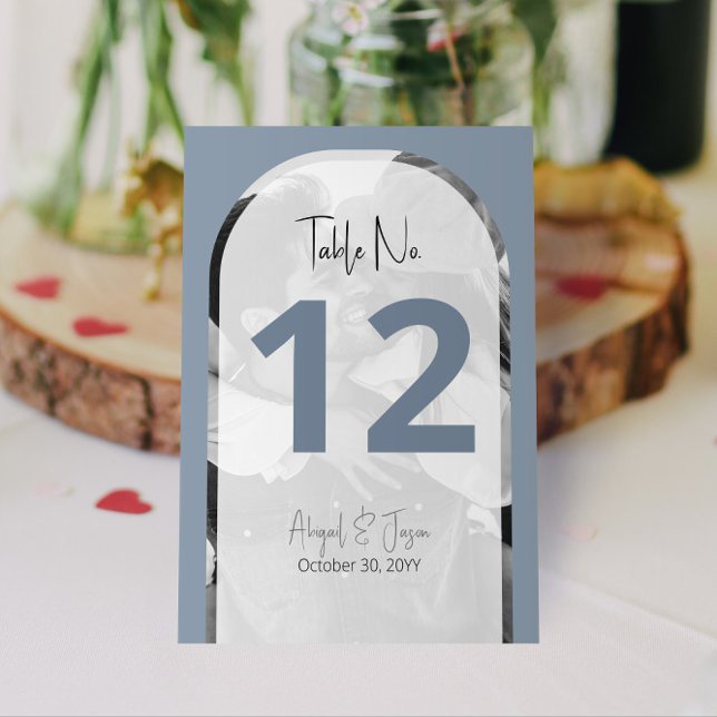 Arched Wedding Photo Minimalist Dusty Blue Table Number (Arched Wedding Photo Table Numbers in Dusty Blue with Your Photo as Backgaround)