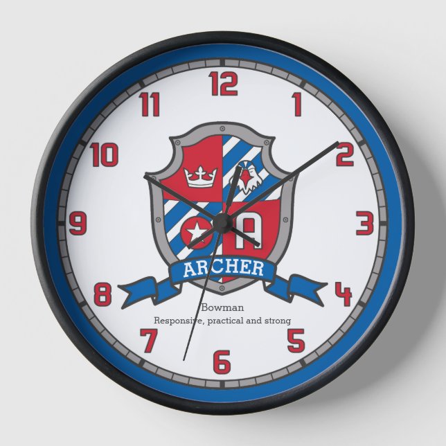 Archer name meaning heraldry shield letter A lion Clock (Front)