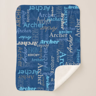 Archer personalised name shades of blue and grey sherpa blanket