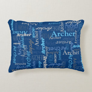 Archer personalized name shades of blue and gray decorative cushion