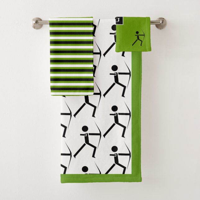 Archer with bow black & green stripes, monogram bath towel set (Insitu)