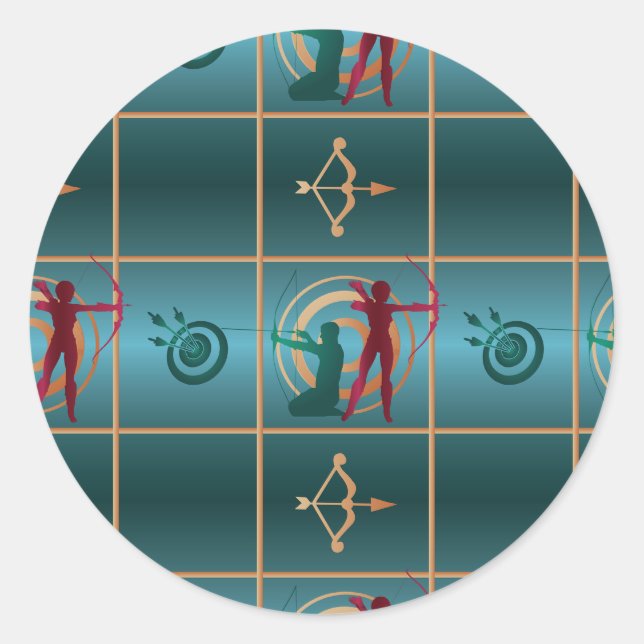 Archery Bow and Arrow - Green Pattern Classic Round Sticker (Front)